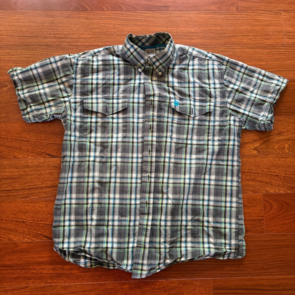 Cinch Mens Short Sleeve Plaid Button Down Western Shirt Grey Blue Cotton Size M